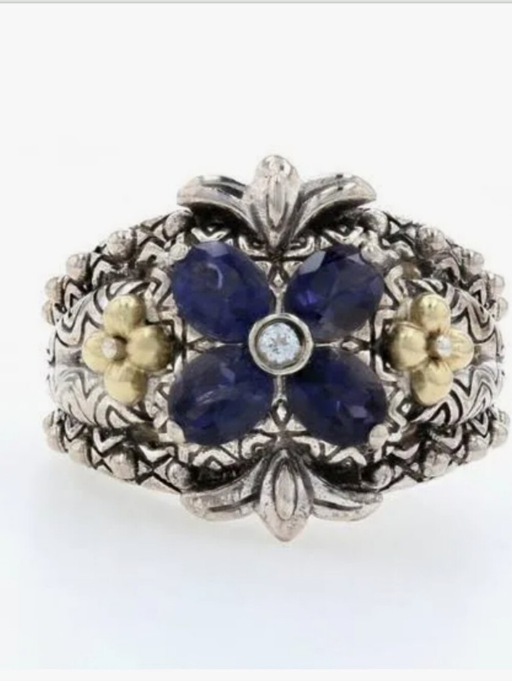 Barbara Bixby Sz 10 Sterling Silver Floral Iolite Ring with 18k Gold Accents